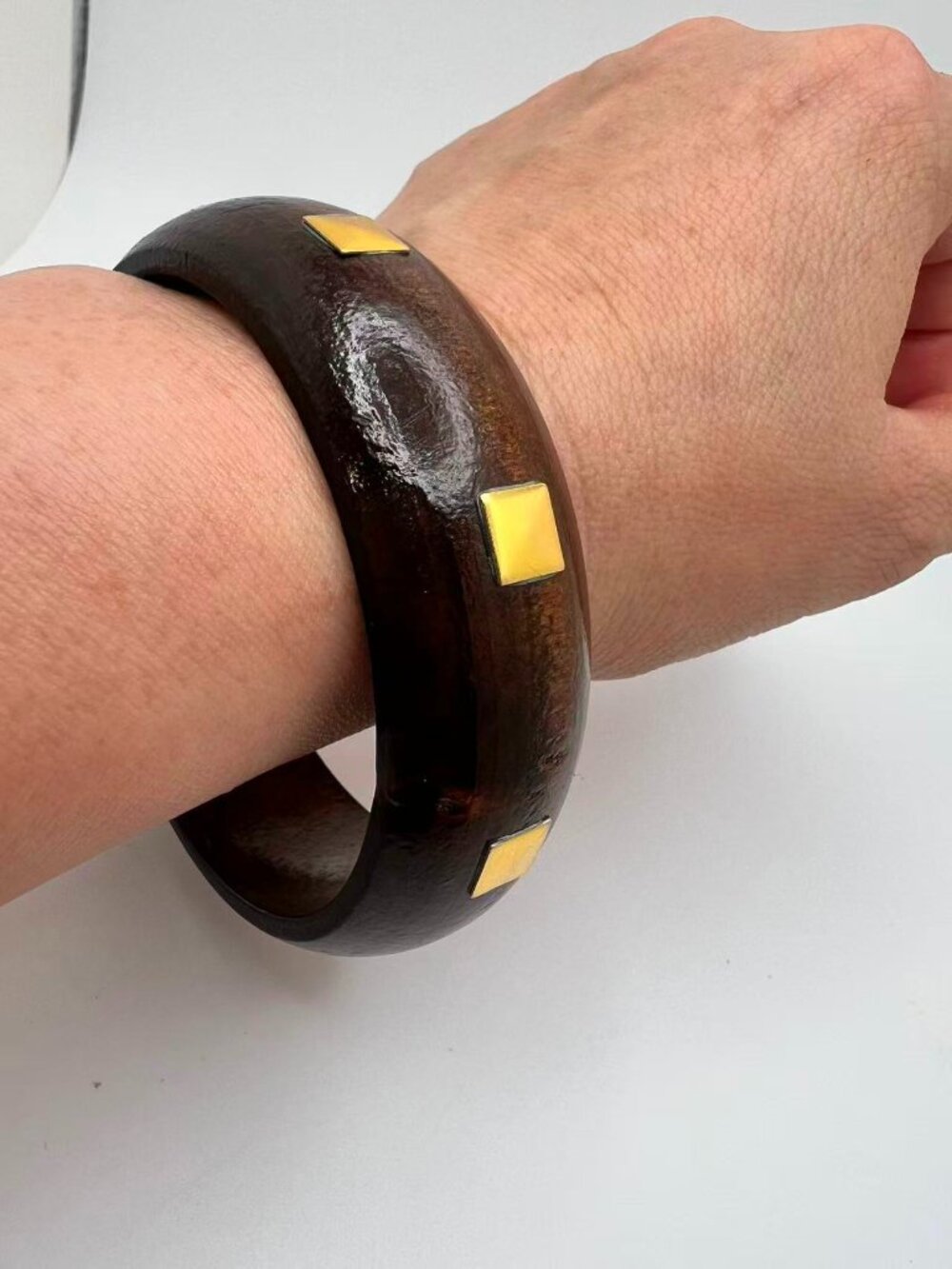 Chunky Dark Brown Wood Bangle Bracelet with Gold Tone Square Stud Accents